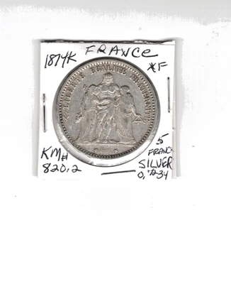 1874K FRANCE FIVE FRANCS XF+ CONDITION SILVER 0.7234 LOW MINTAGE - Image 1 of 2