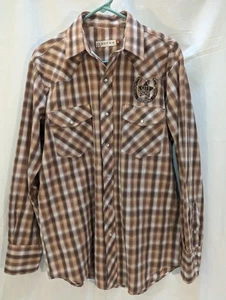 Roper Herren Western braun kariertes Hemd Pearl Snaps City Star Brewing Logo Gr. M - Bild 1 von 6