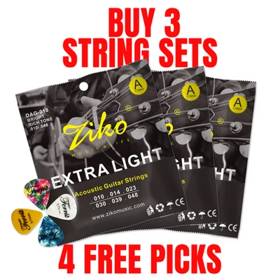 Ziko Acoustic Guitar Strings 10-48 3 Pack Free Picks