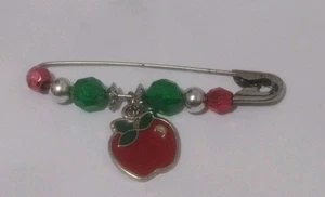 Vtg. Red Enameled Apple Pin Bead Dangle Brooch OOAK CUSTOM Handmade Teachers  - Picture 1 of 3