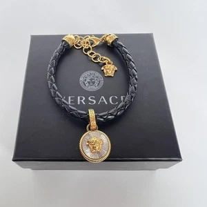 VERSACE Medusa Charm Black Leather Bracelet Gold Hardware Greca - Picture 1 of 24