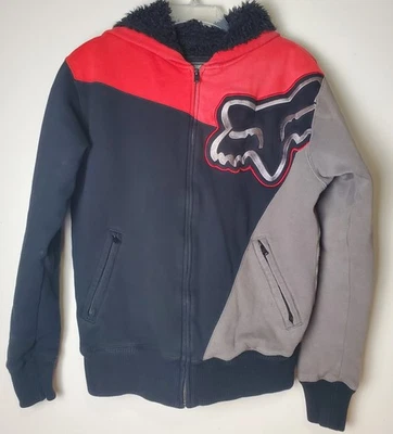 Moletom com capuz masculino vintage Y2K Fox Racing Sasquatch forrado de pele com zíper pequeno preto cinza vermelho - Imagem 1 de 4