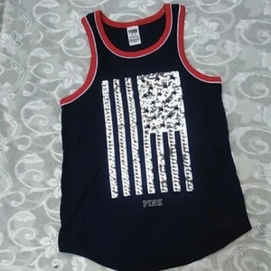 Pink Victoria Secret Navy-blue tank top with US flag sequins Ladies XS/TP cotton - Picture 1 of 6