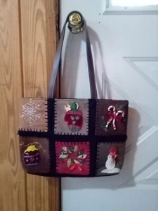 CAPPELLI Straworld CHRISTMAS Black Patchwork Corduroy Appliques Tote Handbag - Picture 1 of 11