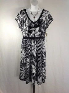 Vestido Negro Gris Floral a Rayas Mangas Gorra L Grande Cinturón Faja Colección Nueva York - Imagen 1 de 2