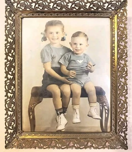 Antique Brass Picture Frame Colorized Photo of Brother and Sister 8x10" - Picture 1 of 3