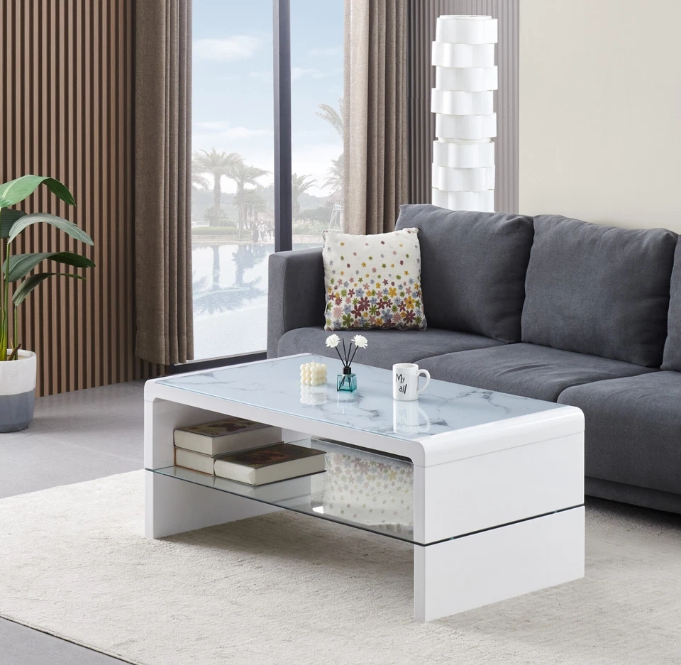 FURNIZONE UK Coffee Table Marble Effect Tempered Glass Top and White High Gloss Rectangle