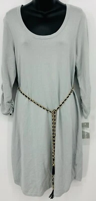 NY Collection Sweater Dress Size Large Gray Knit Ruched Sleeve Belted Women New - Image 1 of 4