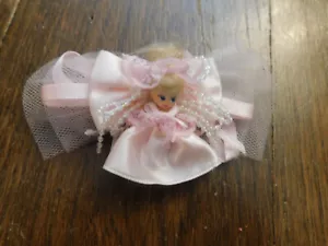 Vtg Hair Clip Barrette 3D Mini Doll in Pink Satin Dress w beads Netting Bow CUTE - Picture 1 of 5