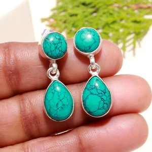 Turquoise Gemstone 925 Sterling Silver Handmade Jewelry Drops Earring For Gift - Picture 1 of 4
