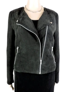 H & M MOTO JACKET Black faux Suede Blazer Size 10 Long Sleeve Diagonal Zipper - Picture 1 of 14