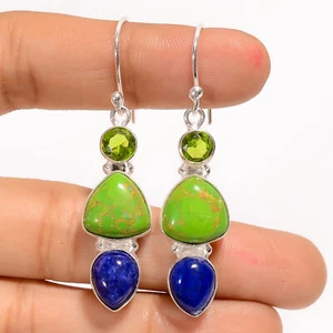 Pendientes de plata 925 de moda con piedras preciosas de lapislázuli turquesa cobre verde 2" - Imagen 1 de 3