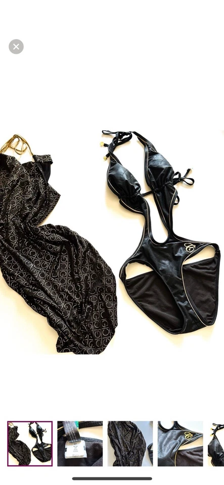 Vintage Print Campaign COOGI Monokini & Coverup in Black Quilt with Gold Logos S - Image 1 of 4