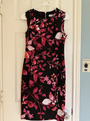 Calvin Klein Red Black Floral Crepe Sheath Dress size 6P. - Image 1 of 4