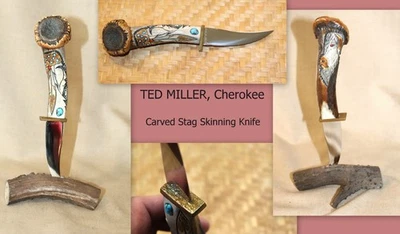 Lote S24 * Cuchillo desollador de ciervo tallado TED MILLER artista Cherokee con turquesa Foto 1 de 4