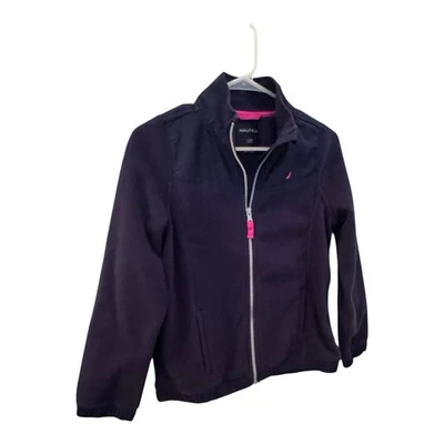 Nautica 7 Navy Blue Pink Trim Soft Long Sleeve Fleece Jacket Coat - Image 1 of 4