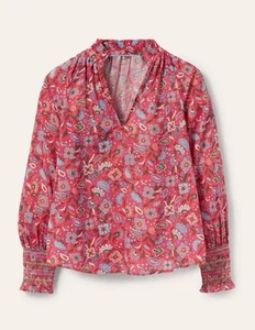 Boden Size 14 Floral Blouse Smocked Cuff Printed Top Multicoloured Pink Garden - Picture 1 of 9