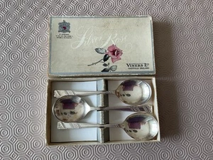 6 Vintage Viners Silver Rose Extra A silver plated soup spoons, boxed - Picture 1 of 6