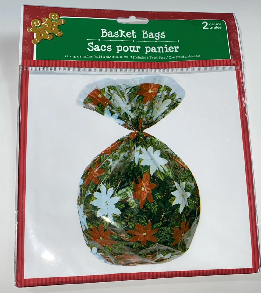 Large Basket Bags Christmas Cellophane Wrap Plastic Bag Baskets gifts 22x25x4 - Image 1 of 3