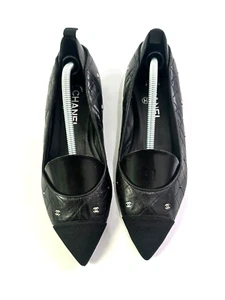 Chanel Black Quilted Leather CC Cap Toe Ballet Flats Size 38 EU| 8 US| 5 UK - Picture 1 of 7