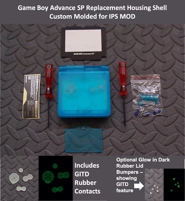 GameBoy Advance SP Replacement Housing Shell GITD BLUE custom molded for IPS - Image 1 of 4