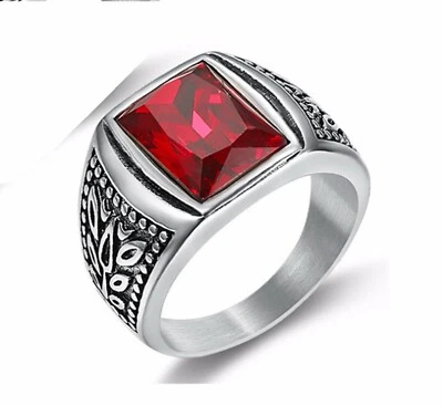 Anillo de acero inoxidable plateado hoja de piedra de circón cúbico rojo rectangular para hombre 8-12 Foto 1 de 3