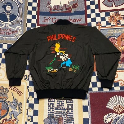老式菲律宾成人 XS 超小号黑色尼龙轰炸机夹克纪念品 — 第 1/4 张图片
