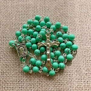 Collar Rosario Cuentas de Oración Turquesa Católica Medalla Milagrosa y Cruz ISRAEL - Imagen 1 de 5
