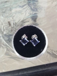 Iolithen Princess Ohrringe quadratischer Schliff und Diamant 10kt massiv Weißgold  - Bild 1 von 12