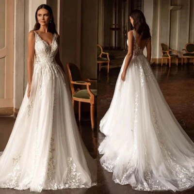 Boho A-Line Wedding Dresses Deep V-Neck Sleeveless Lace Appliques Bridal Gowns - Image 1 of 4