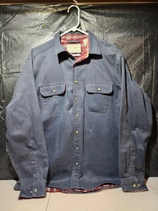 LL Bean Mens Large Shirt Denim Blue Red Plaid OMS96 Distressed VINTAGE - Picture 1 of 7