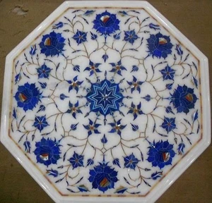 White Marble Coffee Table Top with Lapis Lazuli Inlay Patio Side Table for Hotel - Picture 1 of 6
