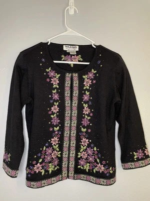 Vintage Jack B. Suéter de lantejoulas tamanho rápido PS preto bordado flores miçangas - Imagem 1 de 4