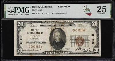 Dixon, CA $20 1929 T1 Fr. 1802-1. First NB Charter #10120 PMG Very Fine 25. - Image 1 of 2
