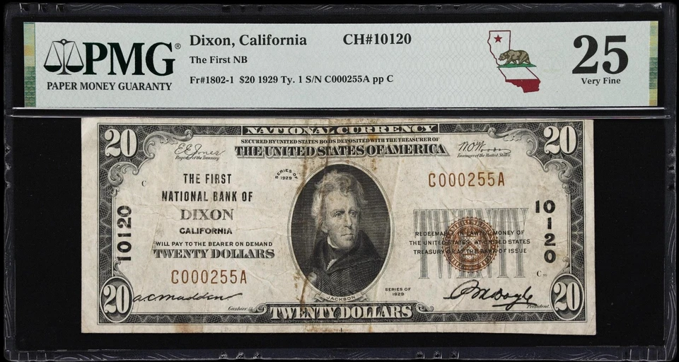 Dixon, CA $20 1929 T1 Fr. 1802-1. First NB Charter #10120 PMG Very Fine 25. - Image 1 of 2