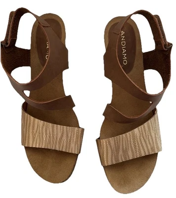 Sandalias Andiamo Corcho Cama Cuero Marrón y Oro Rosa Tacón Madera Mujer 8.5 Foto 1 de 4