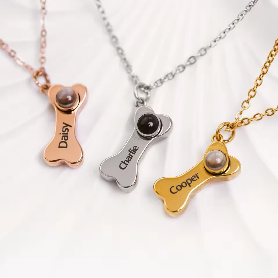 Collar de proyección de foto con nombre personalizado con forma de hueso de perro mascota colgante cadena joyería Foto 1 de 4