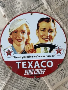 VINTAGE TEXACO FIRE CHIEF BENZIN TANKSTELLE 12 ZOLL PORZELLAN EMAILSCHILD - Bild 1 von 6