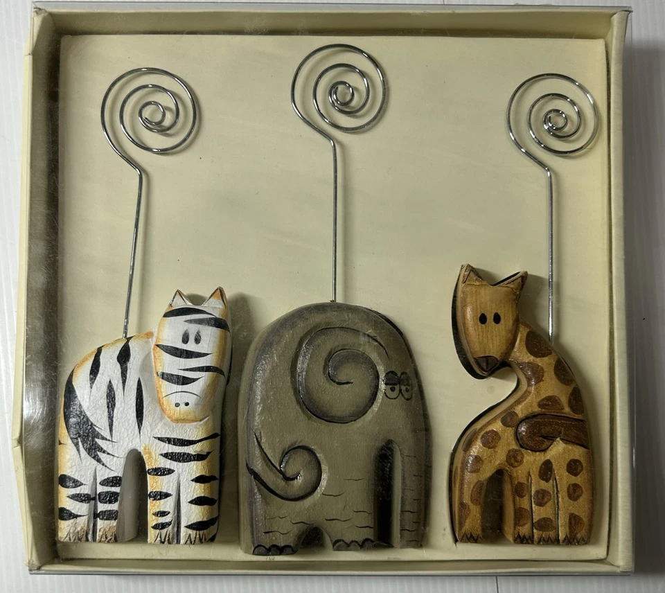 Pier 1 Imports Wooden Animals Photo Note Holders Elephant Zebra Giraffe - Image 1 of 2