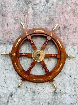 Nautical Premium Sailor's Hand Crafted Brass & Wooden Ship Wheel Boat Luxury Gif - Image 1 of 4