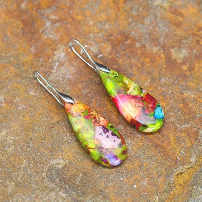 Natural Gemstone Teardrop Dangle Earrings Floral Stone Drop Earring Random Color - Image 1 of 4