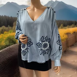 Zara Womens Top Blouse Linen Size M Boho Embroidered Balloon Sleeves - Picture 1 of 9