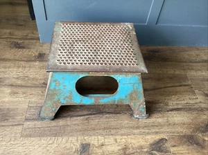 Vintage Railroad Train Pullman Car Step Stool Box Blue Metal Free Ship - Picture 1 of 15