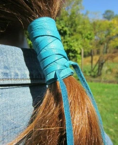 Ponytail Holder Genuine Leather Hair Wrap Ties BOHO Accessories Turquoise Blue - Picture 1 of 23