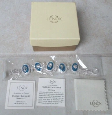 NEW LENOX Vintage Bouquet Bracelet Sterling Oval Link Crystal & Faux Pearl $250 - Image 1 of 4