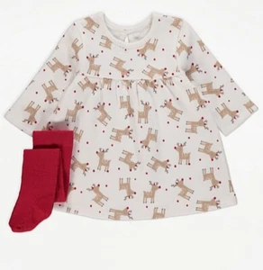 Baby Girls Reindeer Dress & Tights Set Age 0-3mths - Picture 1 of 3