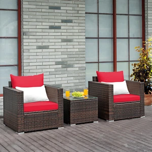 Patiojoy 3PCS Patio Rattan Furniture Set Conversation Sofa Cushioned Table Red - Picture 1 of 7