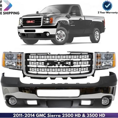 Front Bumper Chrome & Headlights Kit For 2011-2014 GMC Sierra 2500 HD & 3500 HD Foto 1 de 4