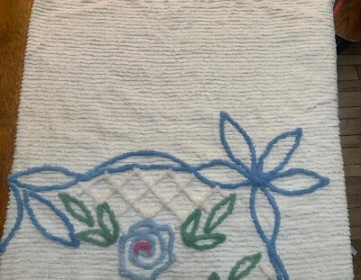 "Colcha de chenilla floral azul línea blanca vintage pieza de tela - 26 x 25""" Foto 1 de 4