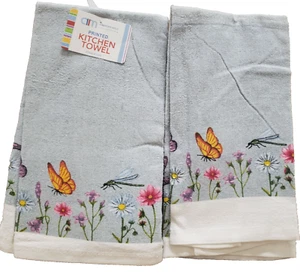 Set of 2 Same Kitchen Towels (15"x25") BUTTERFLIES, FLOWERS & DRAGONFLY, AM - Picture 1 of 6
